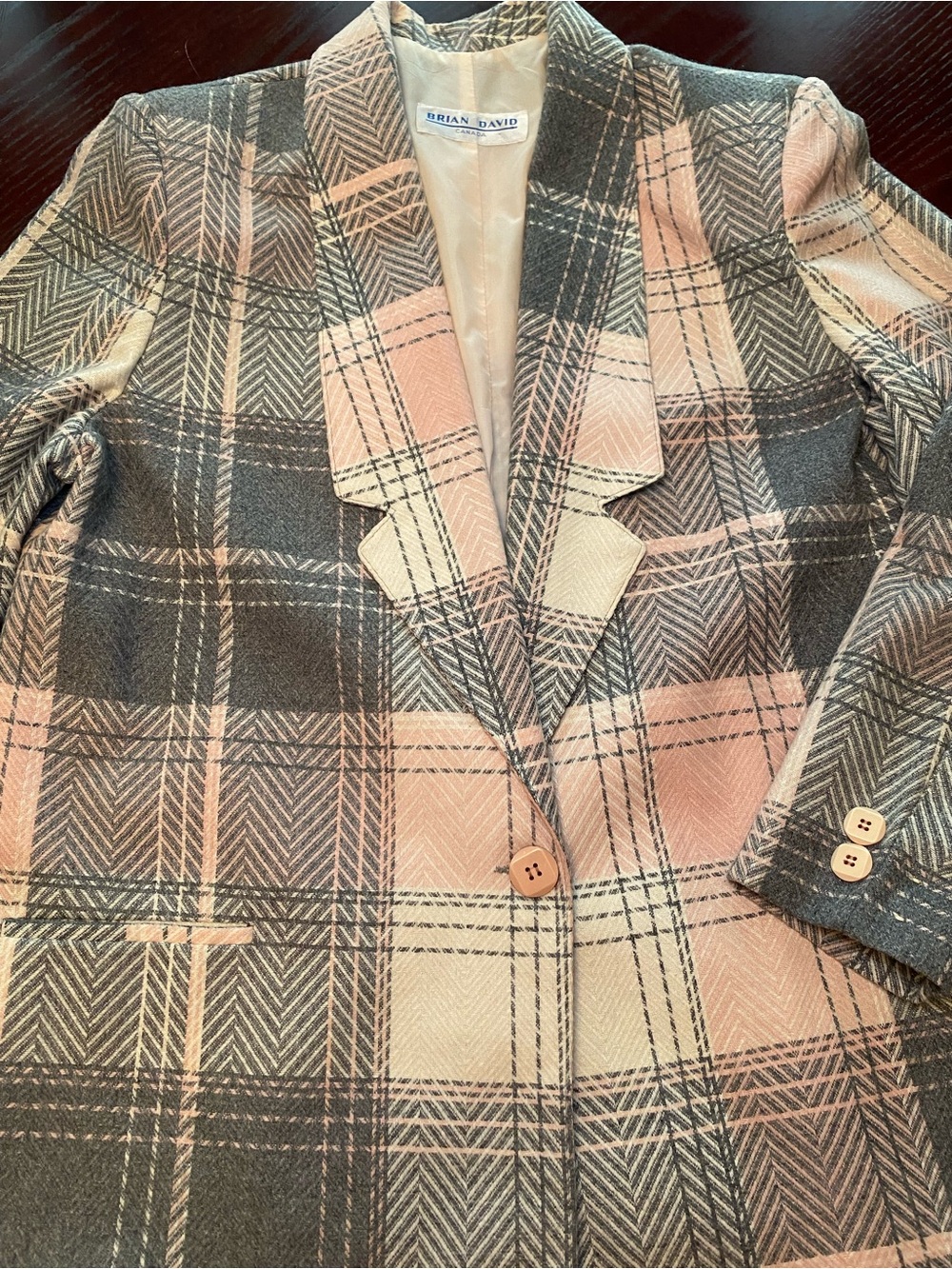 Pink & Gray Plaid Wool Blend Blazer by Brian Davis Canada size 14/15